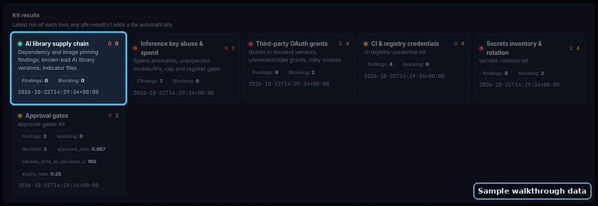 AI Library Supply-Chain Defense Kit results tile highlighted in the Agent Cyber Defense Dashboard (sample walkthrough data)