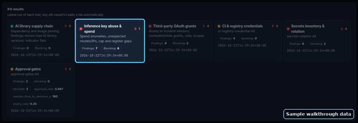 Inference Key Abuse Detection & Spend Caps Kit results tile highlighted in the Agent Cyber Defense Dashboard (sample walkthrough data)