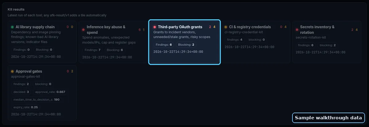 Third-Party OAuth Grant Revocation Kit results tile highlighted in the Agent Cyber Defense Dashboard (sample walkthrough data)